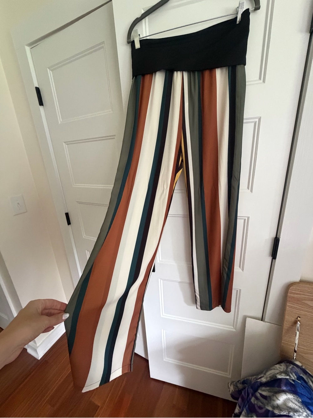 Wide Leg Striped Palazzo Pants - Black Waistband, Multi-Color
